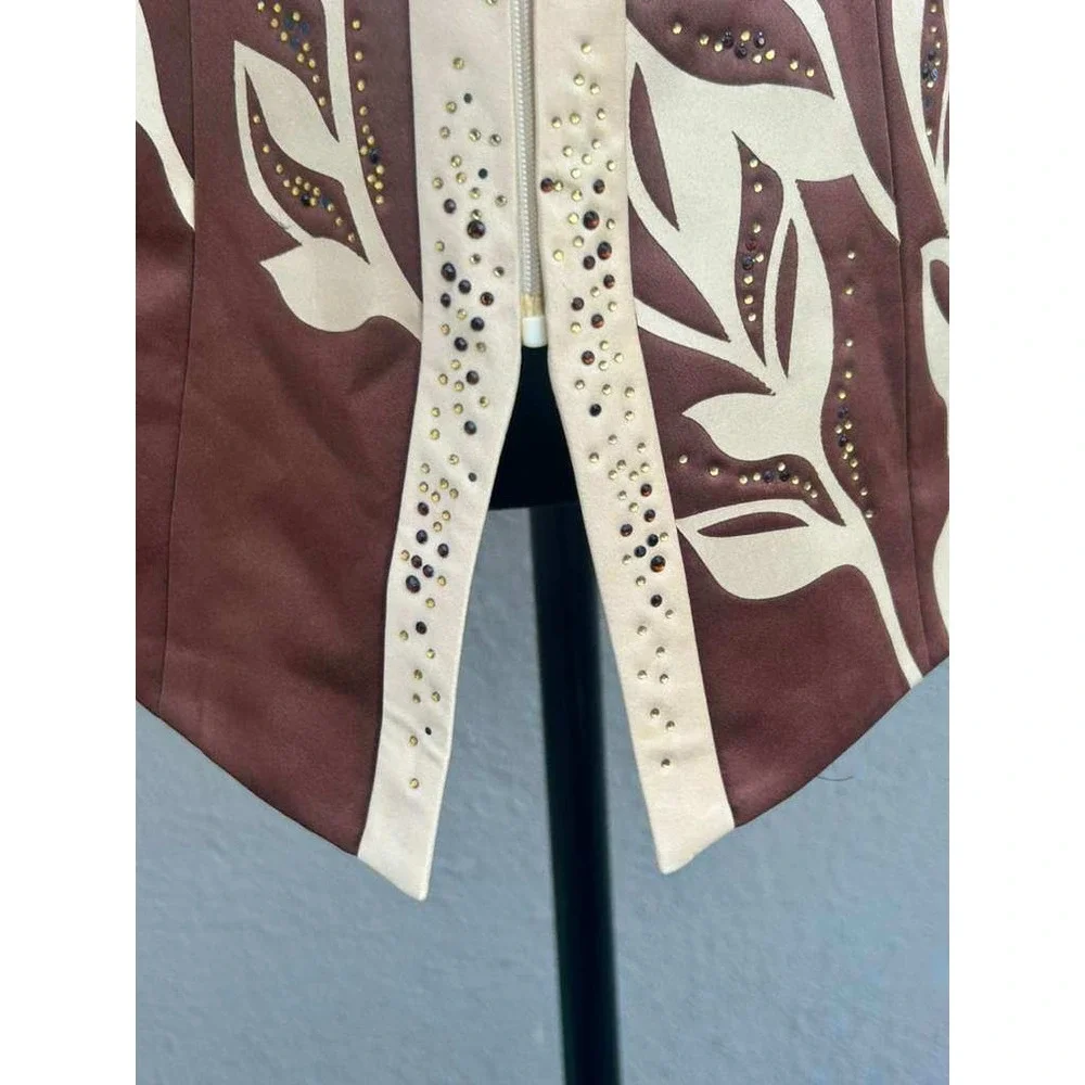 Sample Brown Satin Leaf Applique Rhinestone Blazer Jacket Size 6‎ Bronze Cream